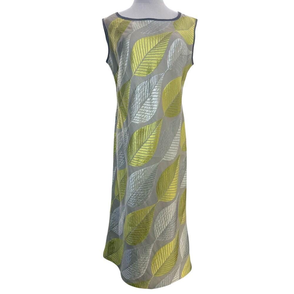 Vintage 90s Silver Chartreuse Sleeveless A-Line Rayon Dress Leaf Women's Medium